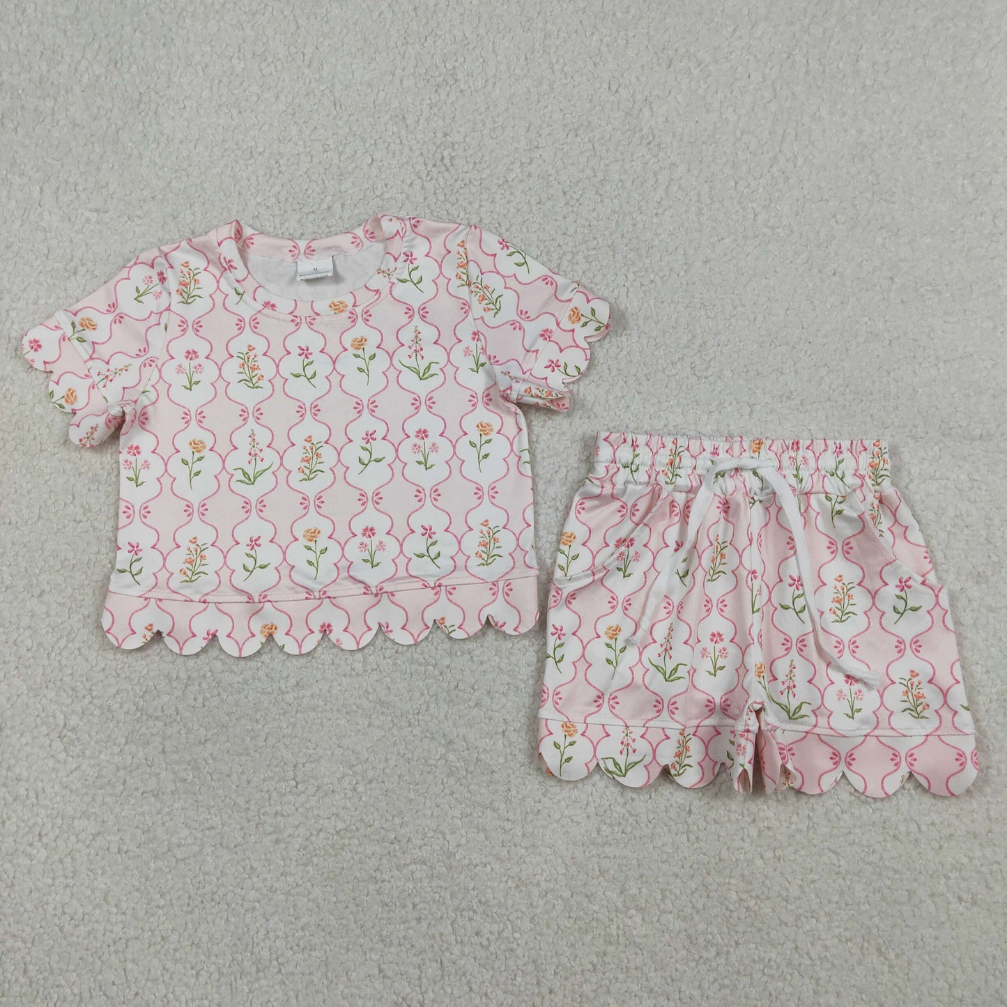 GSSO3271 Flowers Print Pockets Shorts Girls Summer Scallop Clothes Set