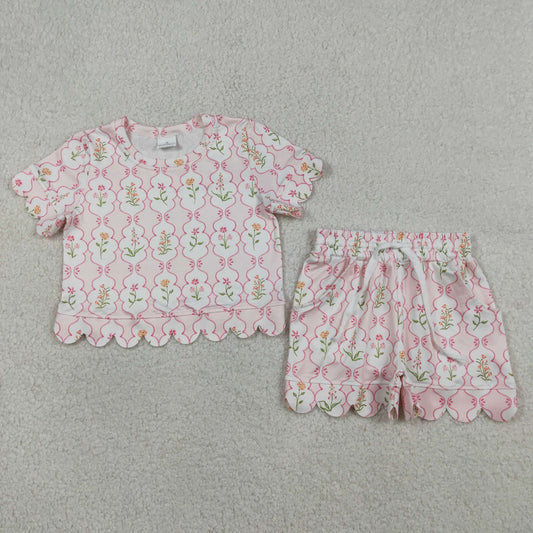 GSSO3271 Flowers Print Pockets Shorts Girls Summer Scallop Clothes Set