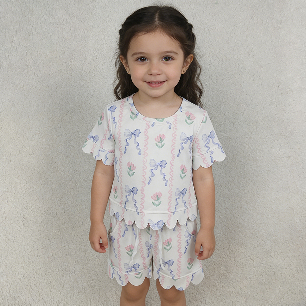 GSSO3272 Girls’ Floral & Blue Bow Stripe Scallop Short Sleeve Top & Shorts Set