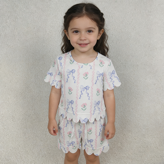 GSSO3272 Girls’ Floral & Blue Bow Stripe Scallop Short Sleeve Top & Shorts Set