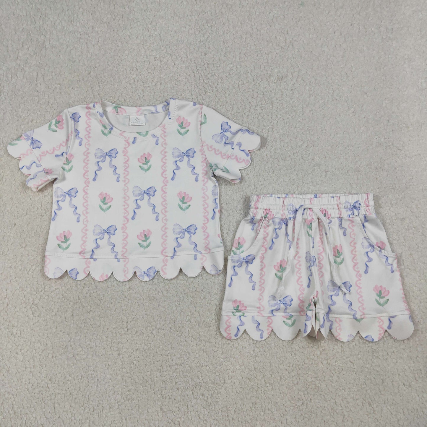 Mommy and Me Floral Bow Scallop Outfits, Short Sleeve Two Piece Set for Mother Daughter