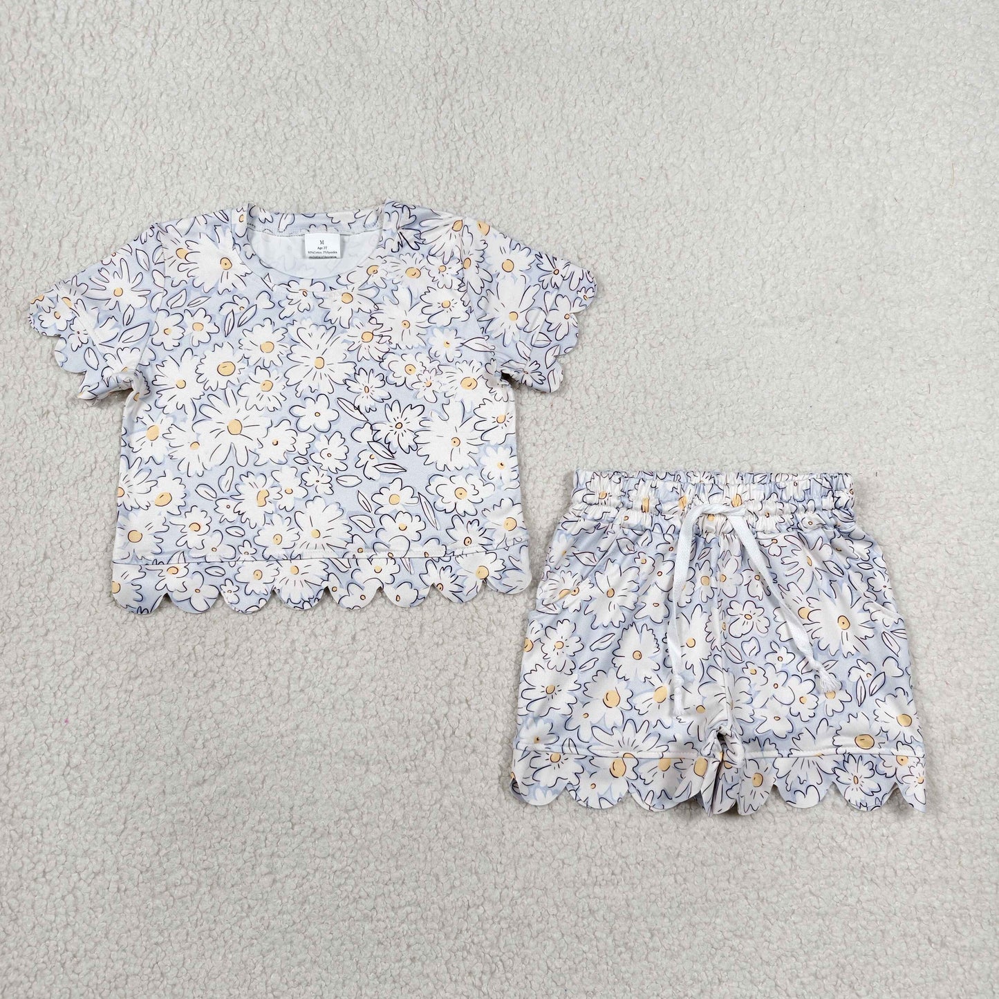 GSSO3275 Baby Girls Short Sleeve Daisy Flowers Top Scallop Shorts Clothes Sets