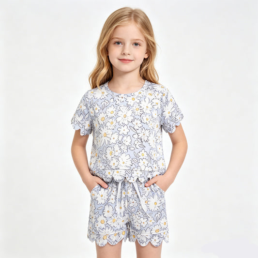 GSSO3275 Baby Girls Short Sleeve Daisy Flowers Top Scallop Shorts Clothes Sets