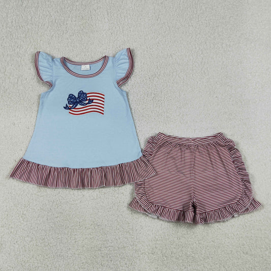 Girls 4th of July American Flag Embroidery Ruffle Outfit Set - Toddler Blue Flag Top & Striped Shorts