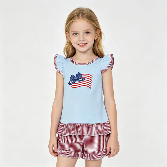 Girls 4th of July American Flag Embroidery Ruffle Outfit Set - Toddler Blue Flag Top & Striped Shorts
