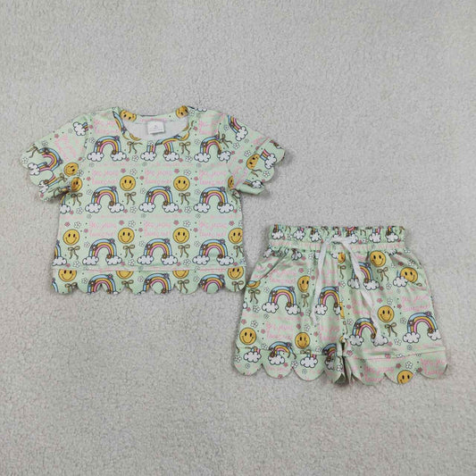 GSSO3283 Rainbow Flowers Bows Smiling Print Girls Summer Scallop Clothes Set