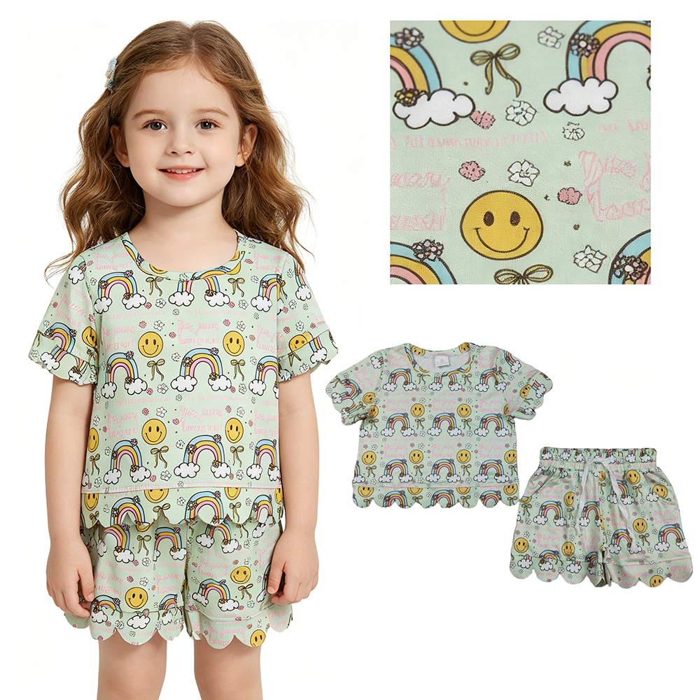 GSSO3283 Rainbow Flowers Bows Smiling Print Girls Summer Scallop Clothes Set