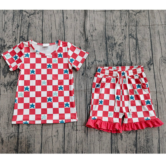 Preorder GSSO329 Stars Plaid Top Pockets Shorts Girls 4th of July Clothes Set