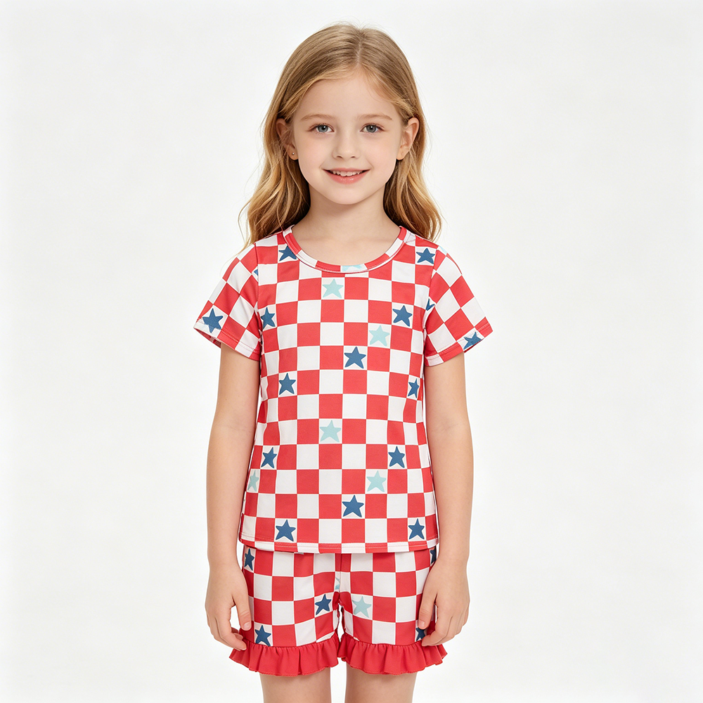 GSSO3293 Red Plaid Stars Top Pockets Shorts Girls 4th of July Clothes Set