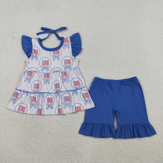 Patriotic Flag Print Ruffle Top & Flare Shorts Set For July 4th