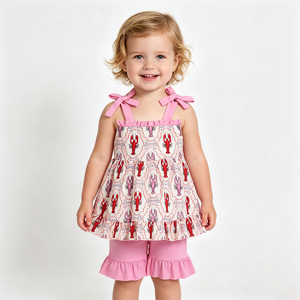 Crayfish Pink Girls Summer Strap Romper Dress Outfits Sisters Wear