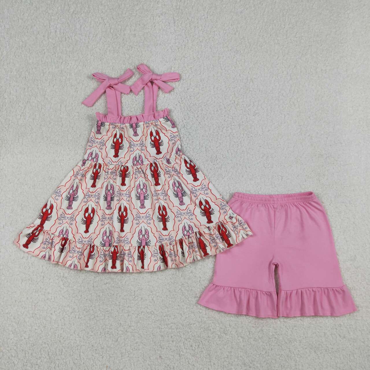 Crayfish Pink Girls Summer Strap Romper Dress Outfits Sisters Wear