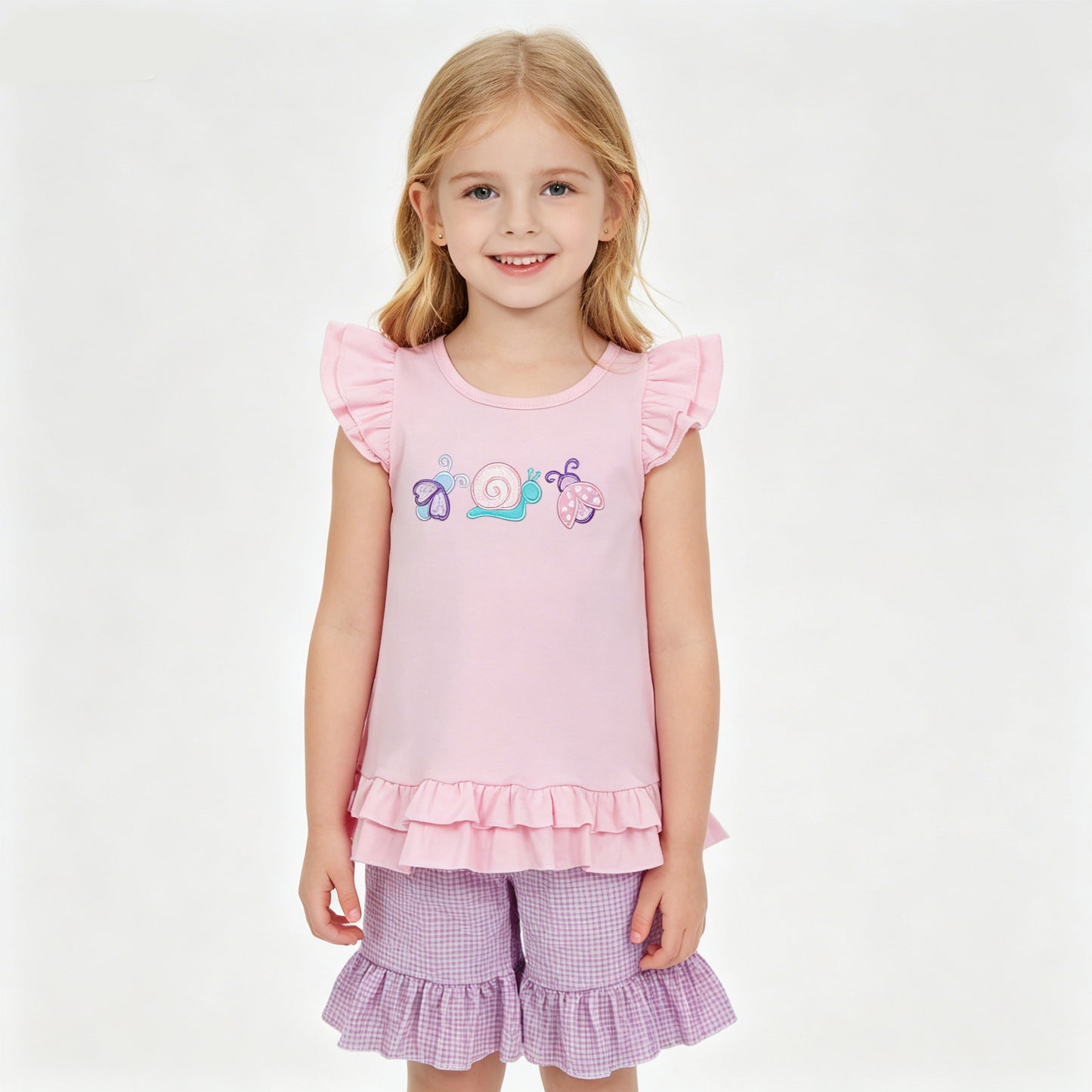 Matching Sister Snail & Butterfly Outfits - Pink Ruffle Embroidery Sibling Set