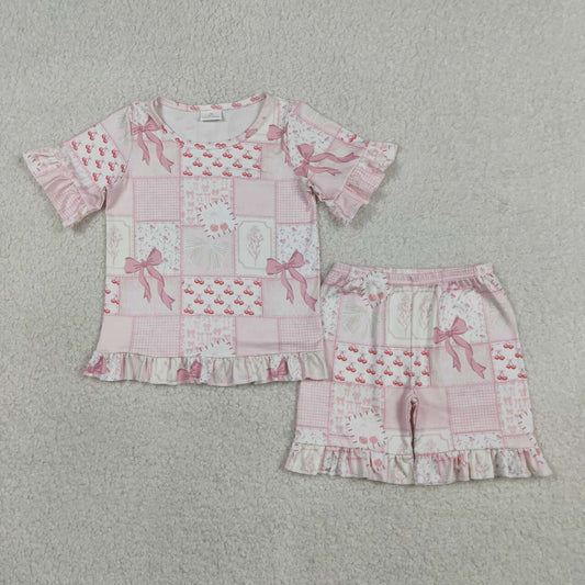GSSO3321 Baby Girls Floral Pink Bow Shorts Outfits