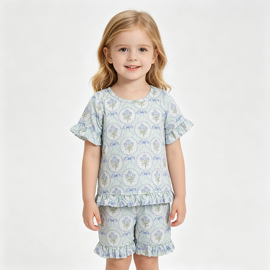 GSSO3323 Flowers Bows Short Sleeve & Shorts Set - Girls