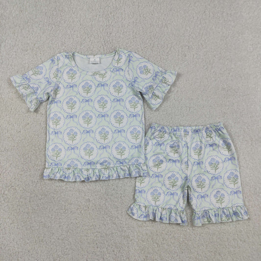 Sibling Baby Girls Floral Bow Print Ruffle Shorts Summer Outfits