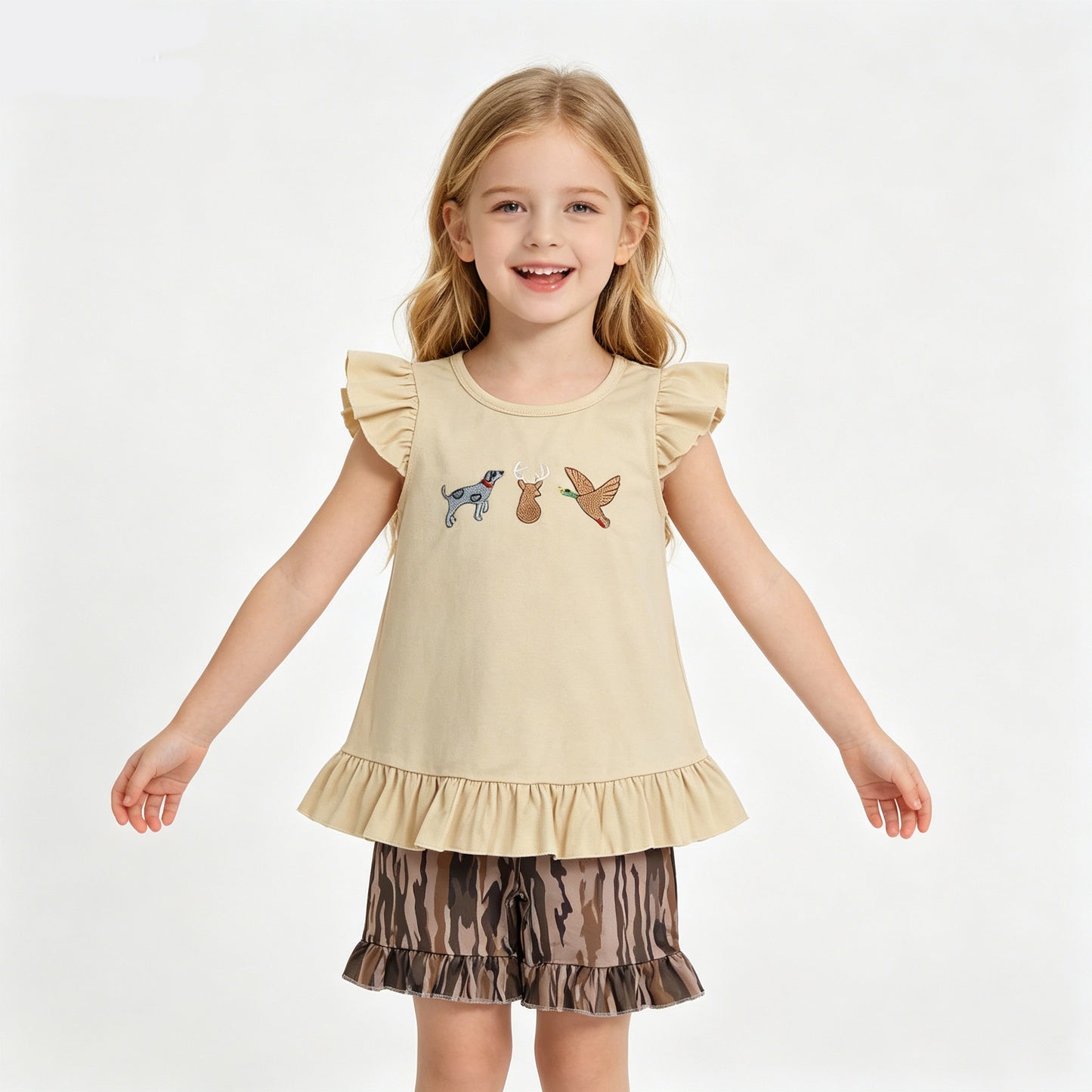 Toddler Girl Hunting Outfit, Embroidered Dog Deer Duck Camo Ruffle Short Set