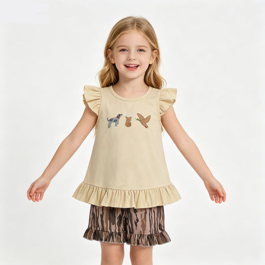 Toddler Girl Hunting Outfit, Embroidered Dog Deer Duck Camo Ruffle Short Set