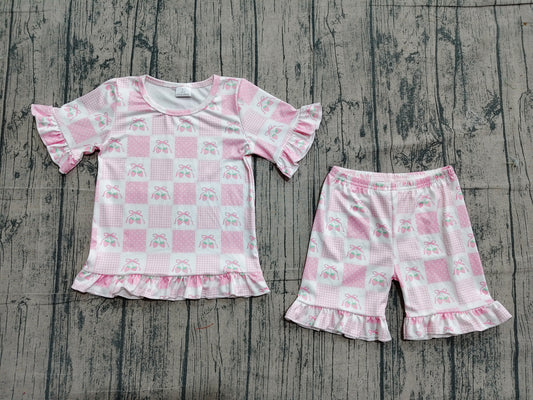 Baby Girls Short Sleeve Pink Bows Strawberry Checked Top Ruffle Short Clothes Set Preorder