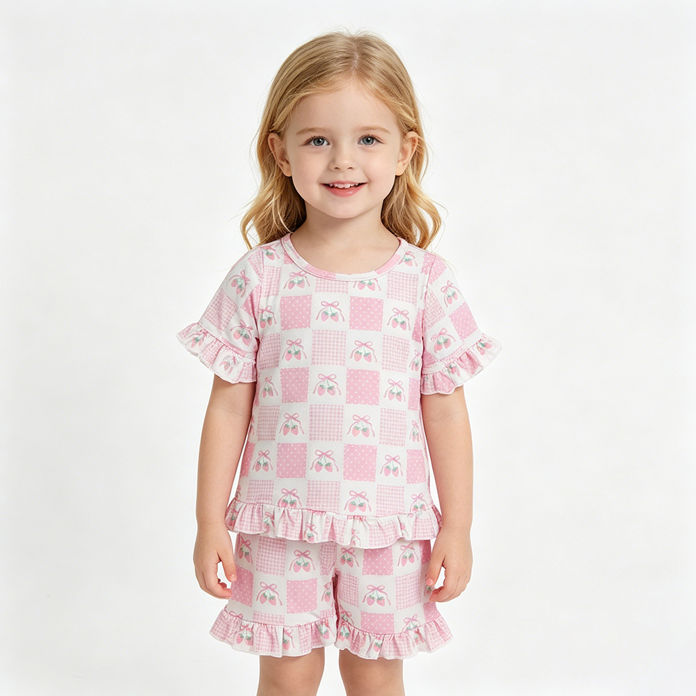 GSSO3342 Pink Bows Strawberry Top Ruffle Shorts Baby Girls Summer Clothes Set