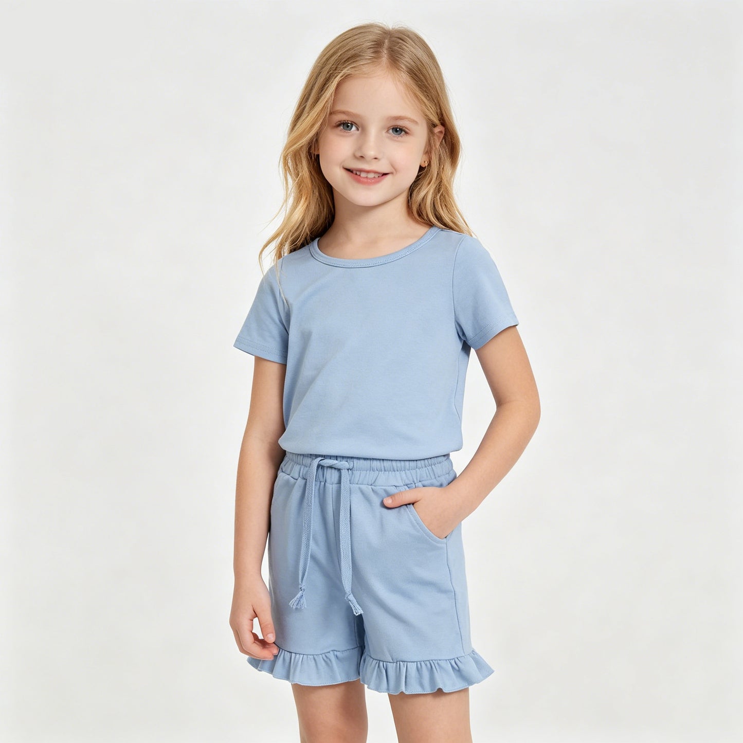 Blue Cotton Kids Girls Summer Shorts Clothes Set