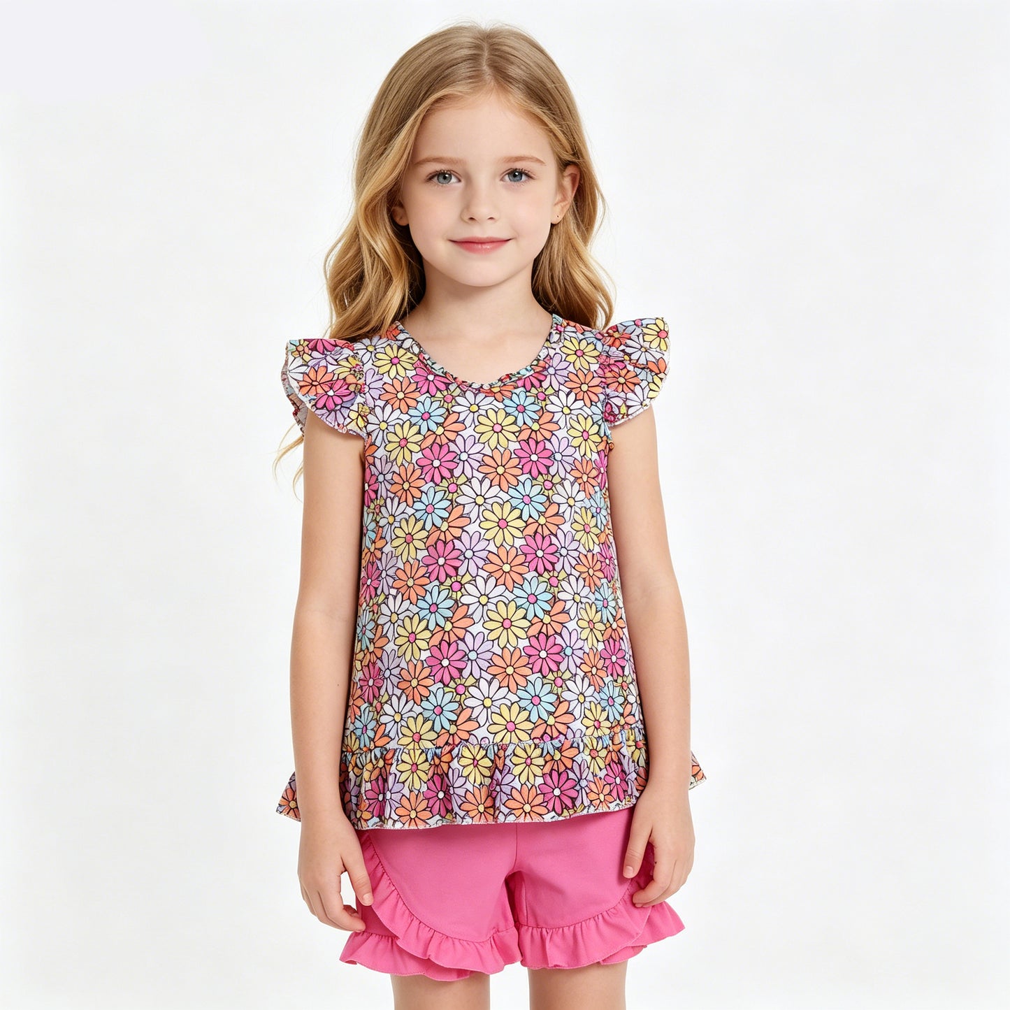 Colorful Flowers Flutter Sleeve Baby Girls Outfits & Romper Sisters Summer Matching Wear