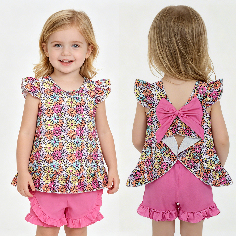 Toddler Girl Daisy Bow Back Set - Floral Tunic with Big Pink Bow & Ruffle Shorts