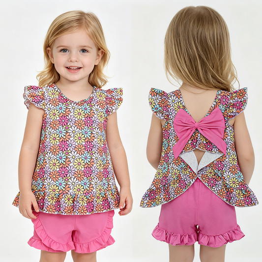 Toddler Girl Daisy Bow Back Set - Floral Tunic with Big Pink Bow & Ruffle Shorts