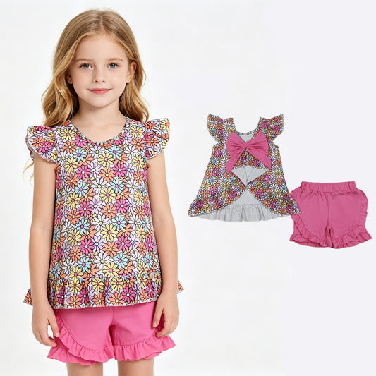 Toddler Girl Daisy Bow Back Set - Floral Tunic with Big Pink Bow & Ruffle Shorts