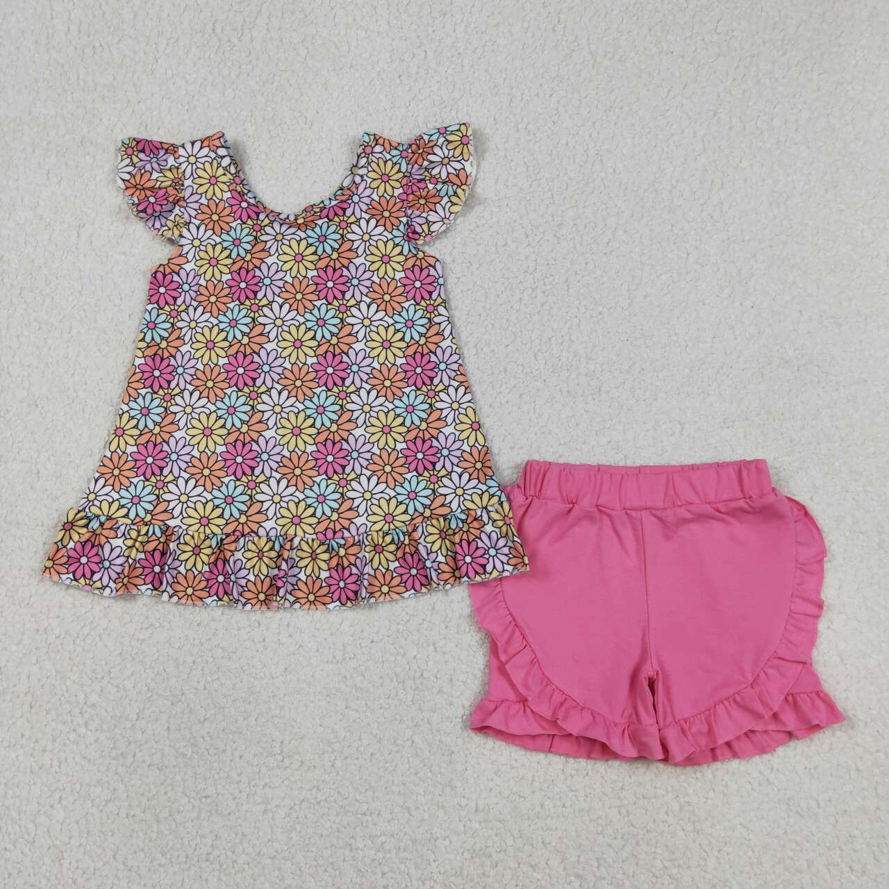Colorful Flowers Flutter Sleeve Baby Girls Outfits & Romper Sisters Summer Matching Wear