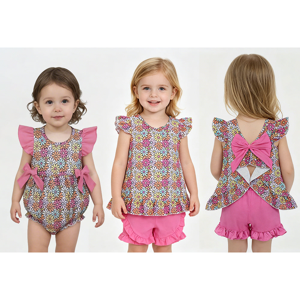Colorful Flowers Flutter Sleeve Baby Girls Outfits & Romper Sisters Summer Matching Wear
