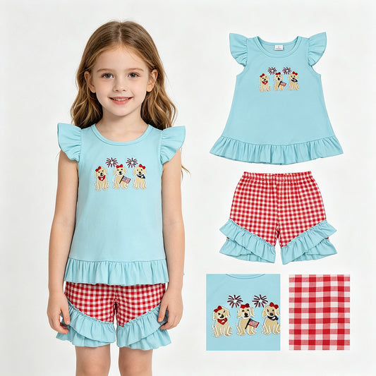 GSSO3356 Puppy Flag Embroidery Blue Top Plaid Shorts Girls 4th of July Clothes Set