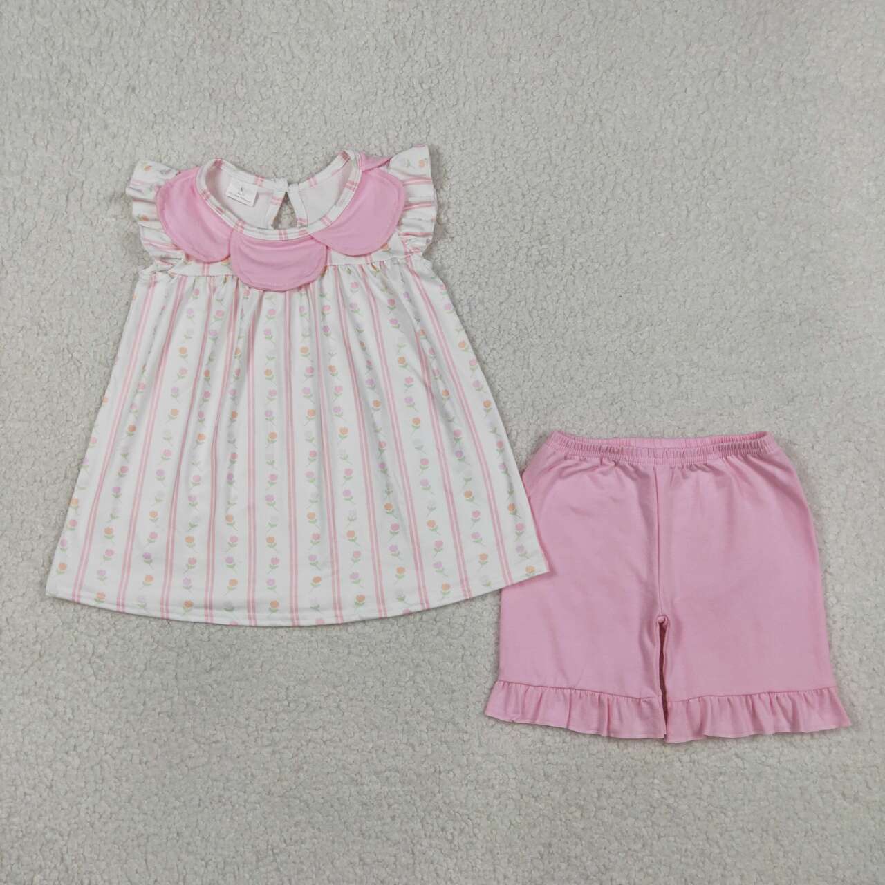 GSSO3363 Small Flowers Doll Collar Top Pink Shorts Girls Summer Clothes Set