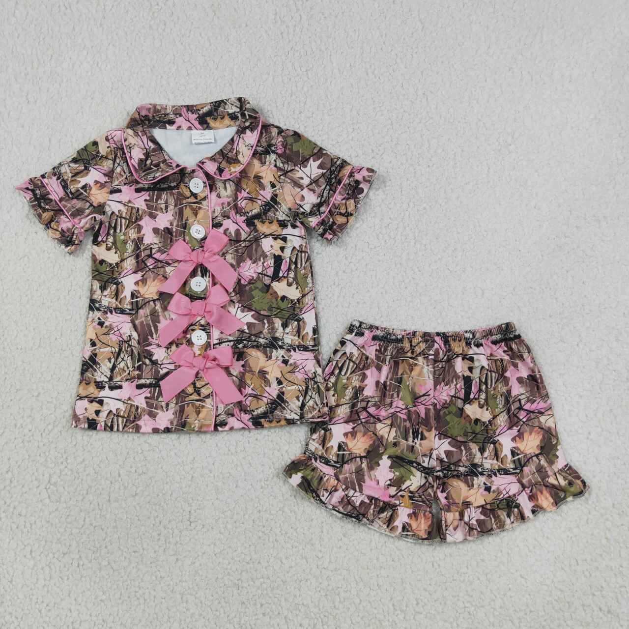 GSSO3364 Pink Branch Camo Print Buttons Bows Top Ruffle Shorts Girls Summer Pajamas Clothes Set