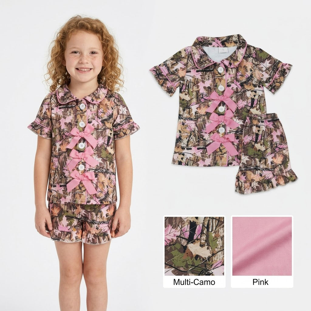 GSSO3364 Pink Branch Camo Print Buttons Bows Top Ruffle Shorts Girls Summer Pajamas Clothes Set