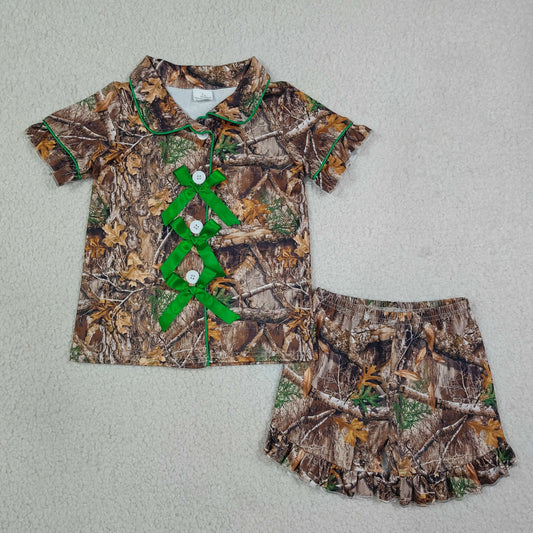 GSSO3365 Branch Camo Print Buttons Bows Top Ruffle Shorts Girls Summer Pajamas Clothes Set