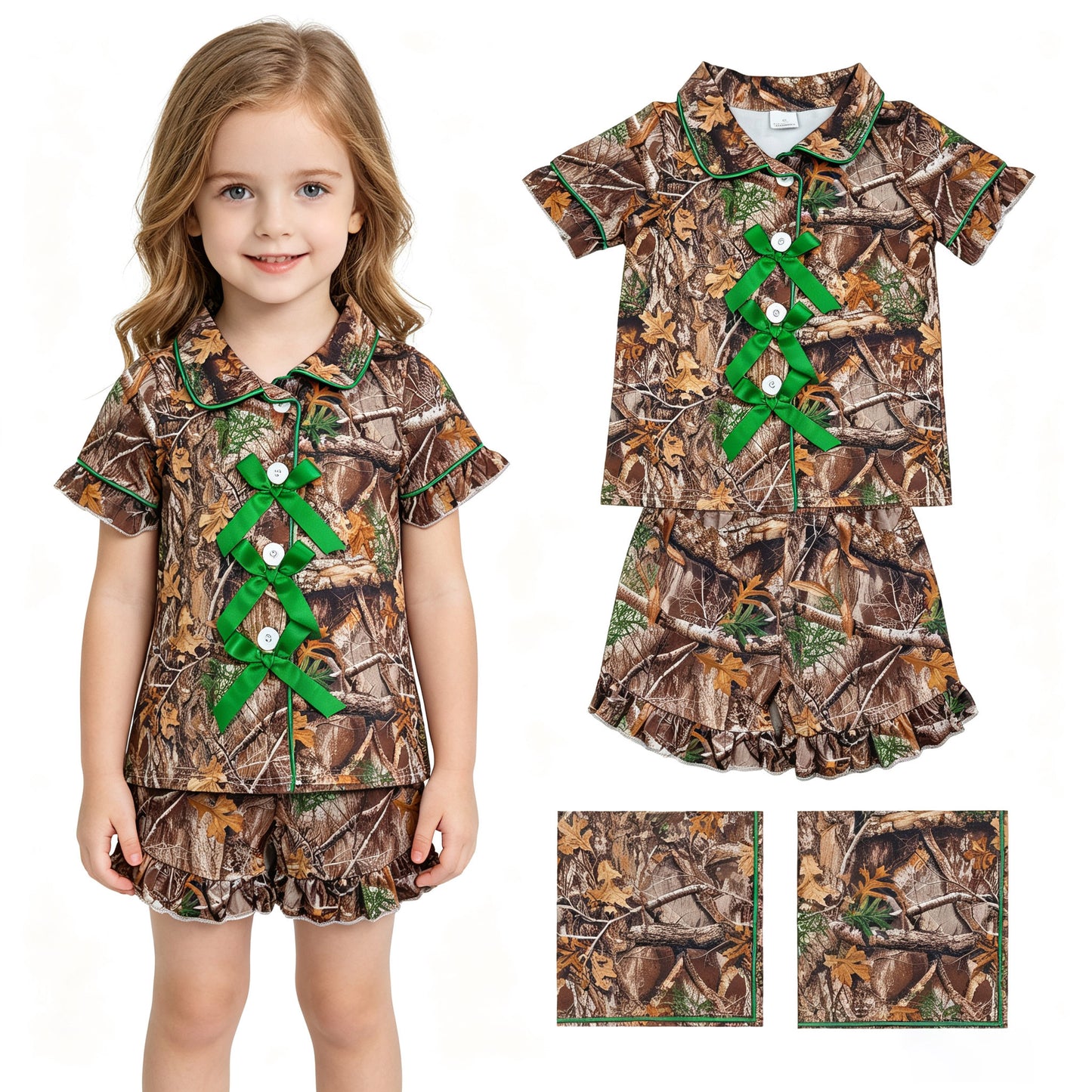 GSSO3365 Branch Camo Print Buttons Bows Top Ruffle Shorts Girls Summer Pajamas Clothes Set