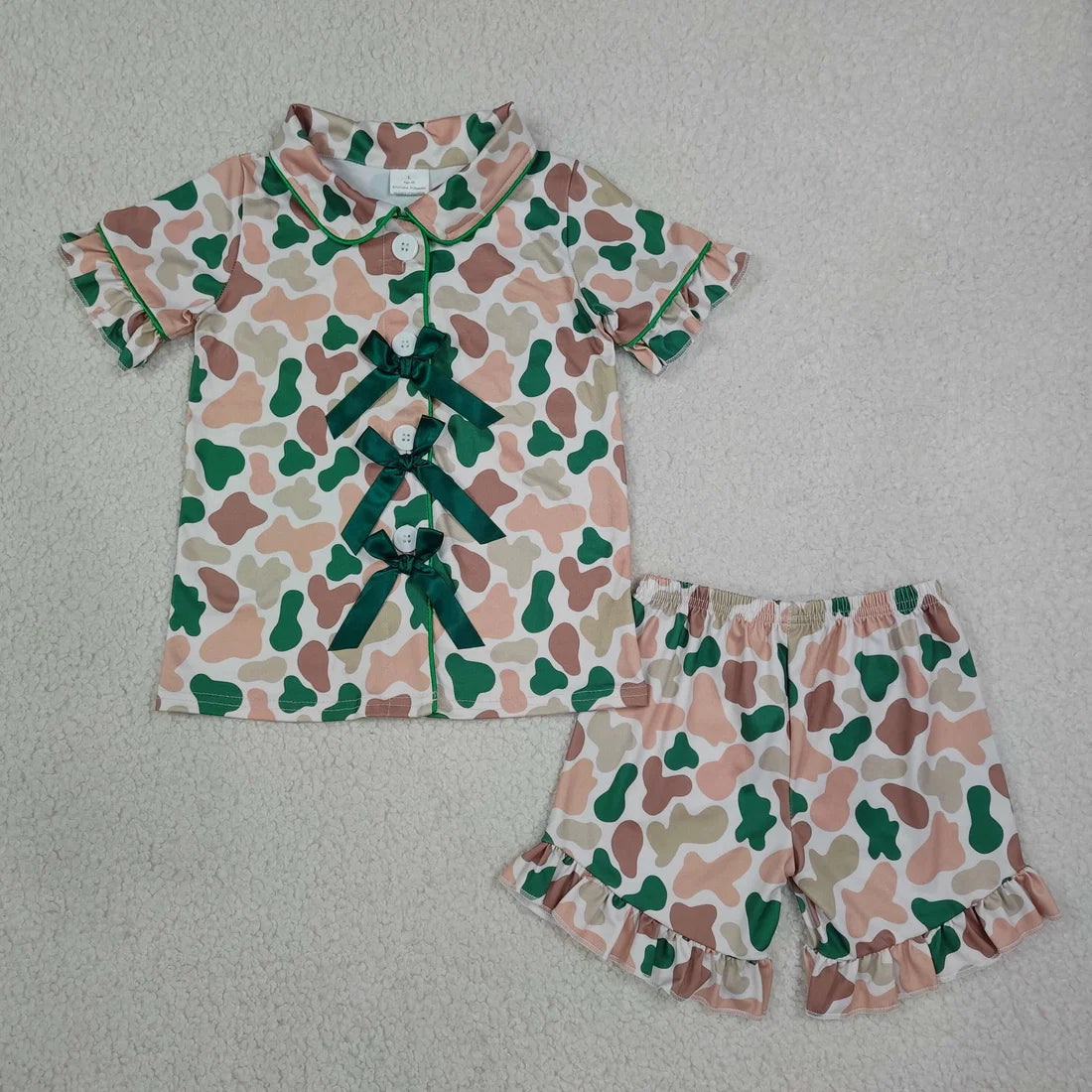 Sibling Baby Girls Short Sleeve Leaves Camo Bows Button Top Ruffle Short Pajamas Sets