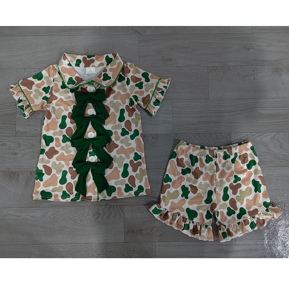 7.2 GSSO3367 Preorder Girls Dark Green Camo Bow Short Sleeve With Shorts Pajama Set