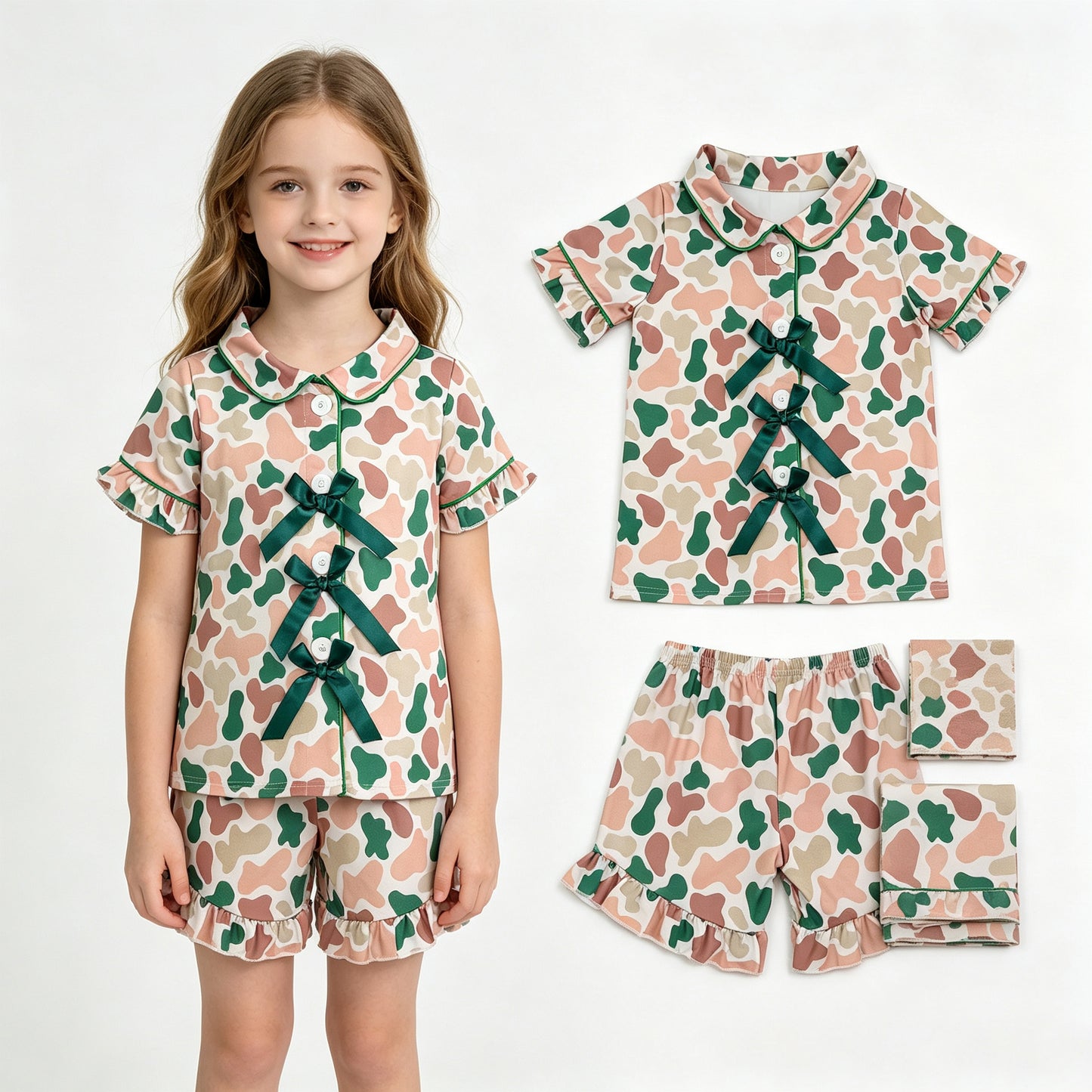 GSSO3367 Pink Green Camo Print Buttons Bows Top Ruffle Shorts Girls Summer Pajamas Clothes Set
