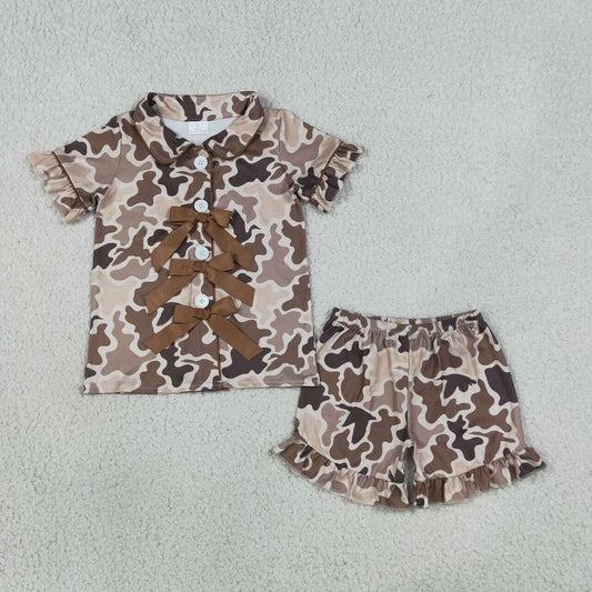 GSSO3368 Brown Camo Print Buttons Bows Top Ruffle Shorts Girls Summer Pajamas Clothes Set