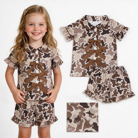 GSSO3368 Brown Camo Print Buttons Bows Top Ruffle Shorts Girls Summer Pajamas Clothes Set
