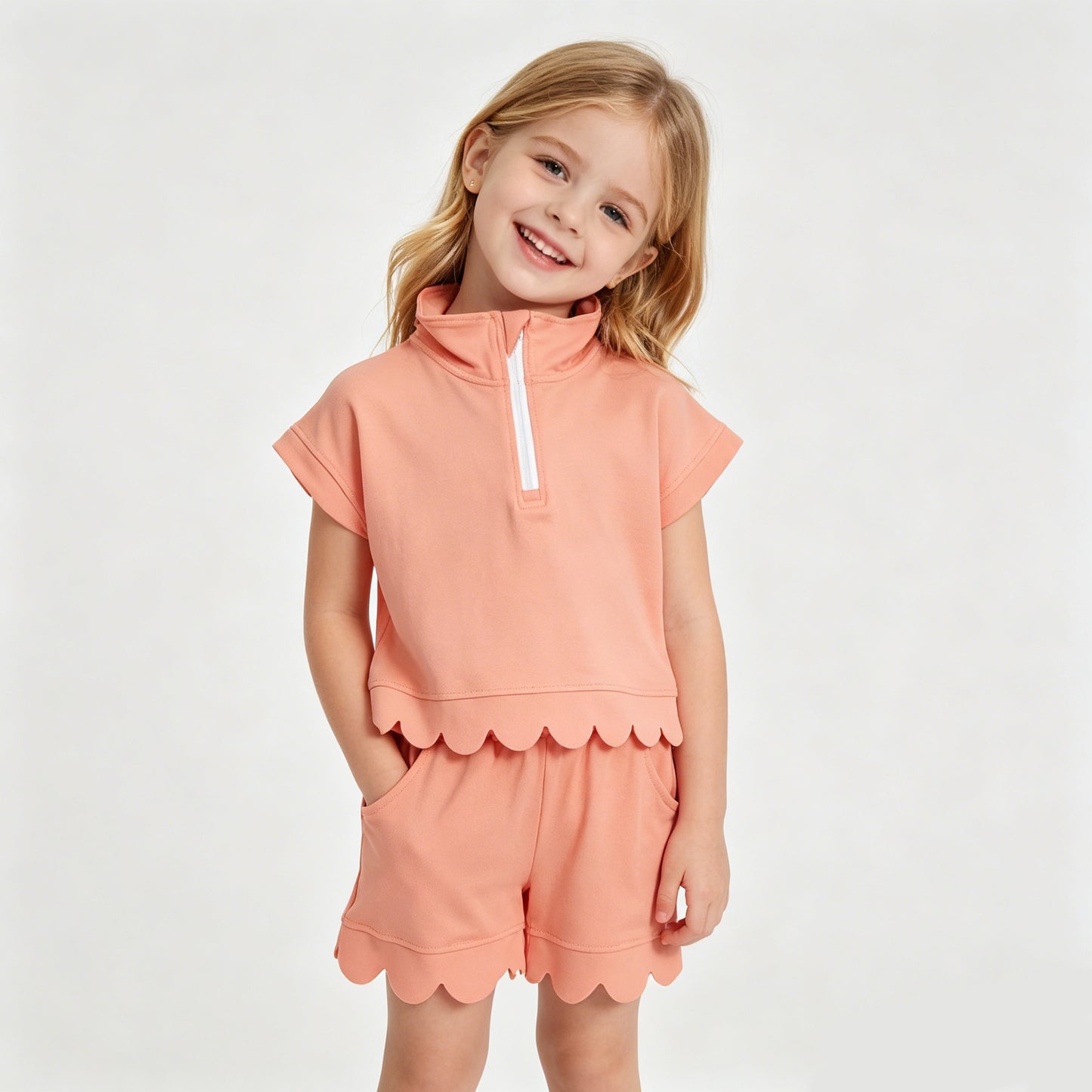 5 Colors Zipper Top Pockets Shorts Girls Summer Scallop Cotton Clothes Set Sisters Wear