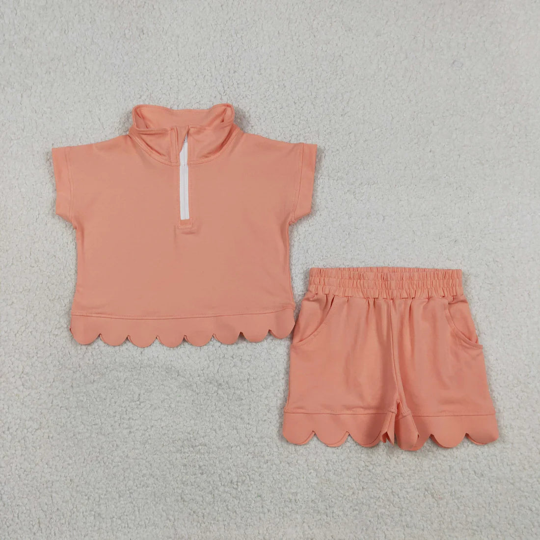 5 Colors Zipper Top Pockets Shorts Girls Summer Scallop Cotton Clothes Set Sisters Wear