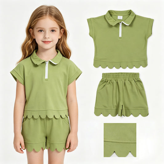 Green Cotton Zipper Top Pockets Shorts Girls Summer Scallop Clothes Set