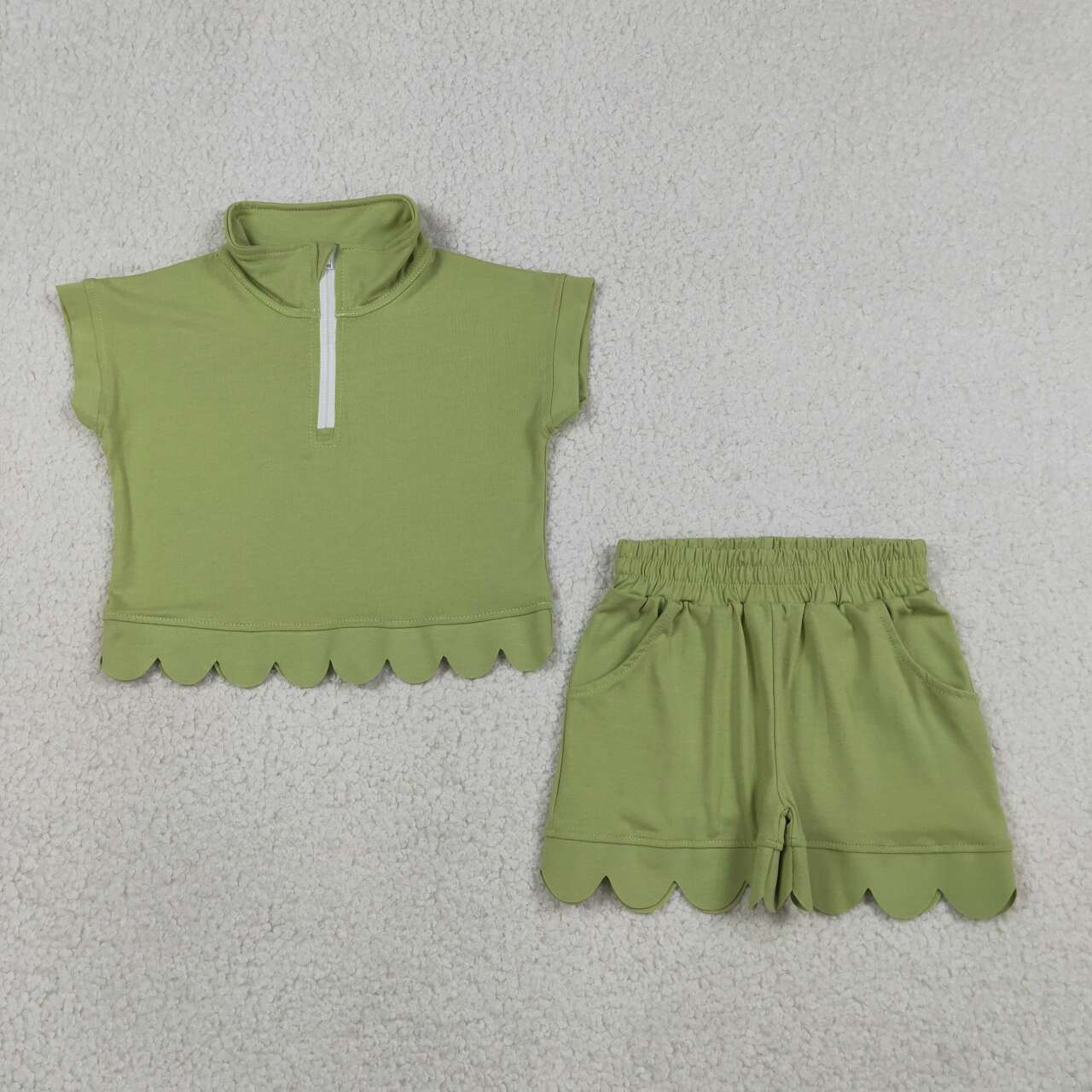 5 Colors Zipper Top Pockets Shorts Girls Summer Scallop Cotton Clothes Set Sisters Wear