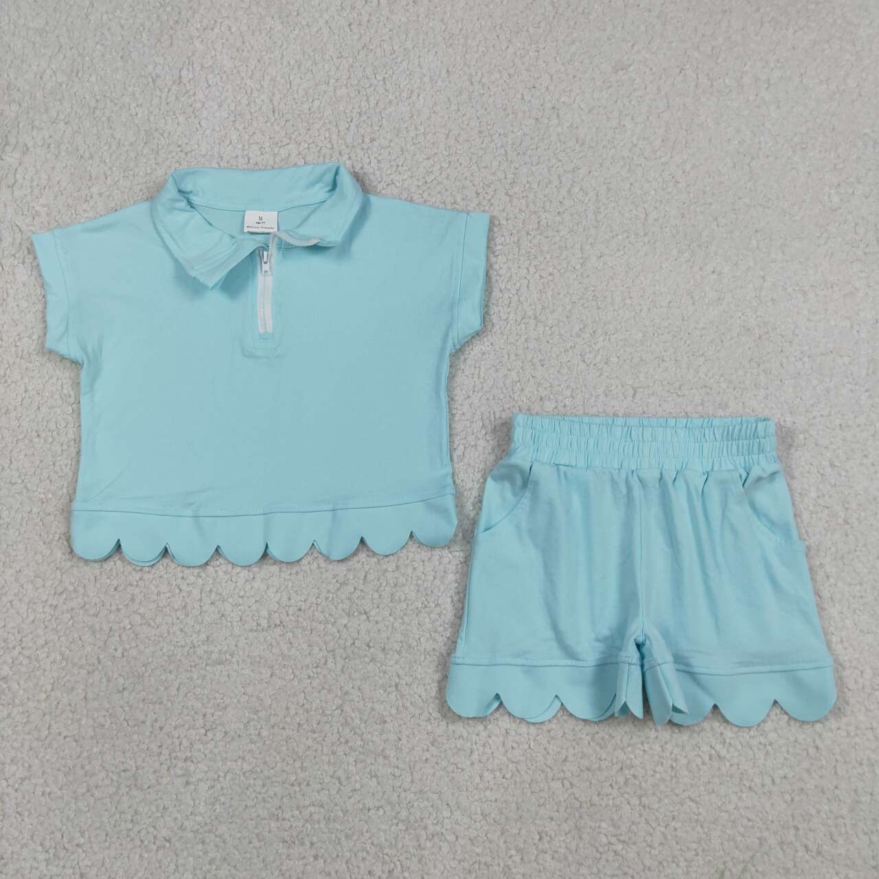 5 Colors Zipper Top Pockets Shorts Girls Summer Scallop Cotton Clothes Set Sisters Wear