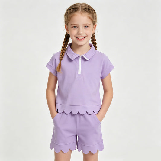 Lavender Zipper Top Pockets Shorts Girls Summer Scallop Cotton Clothes Set