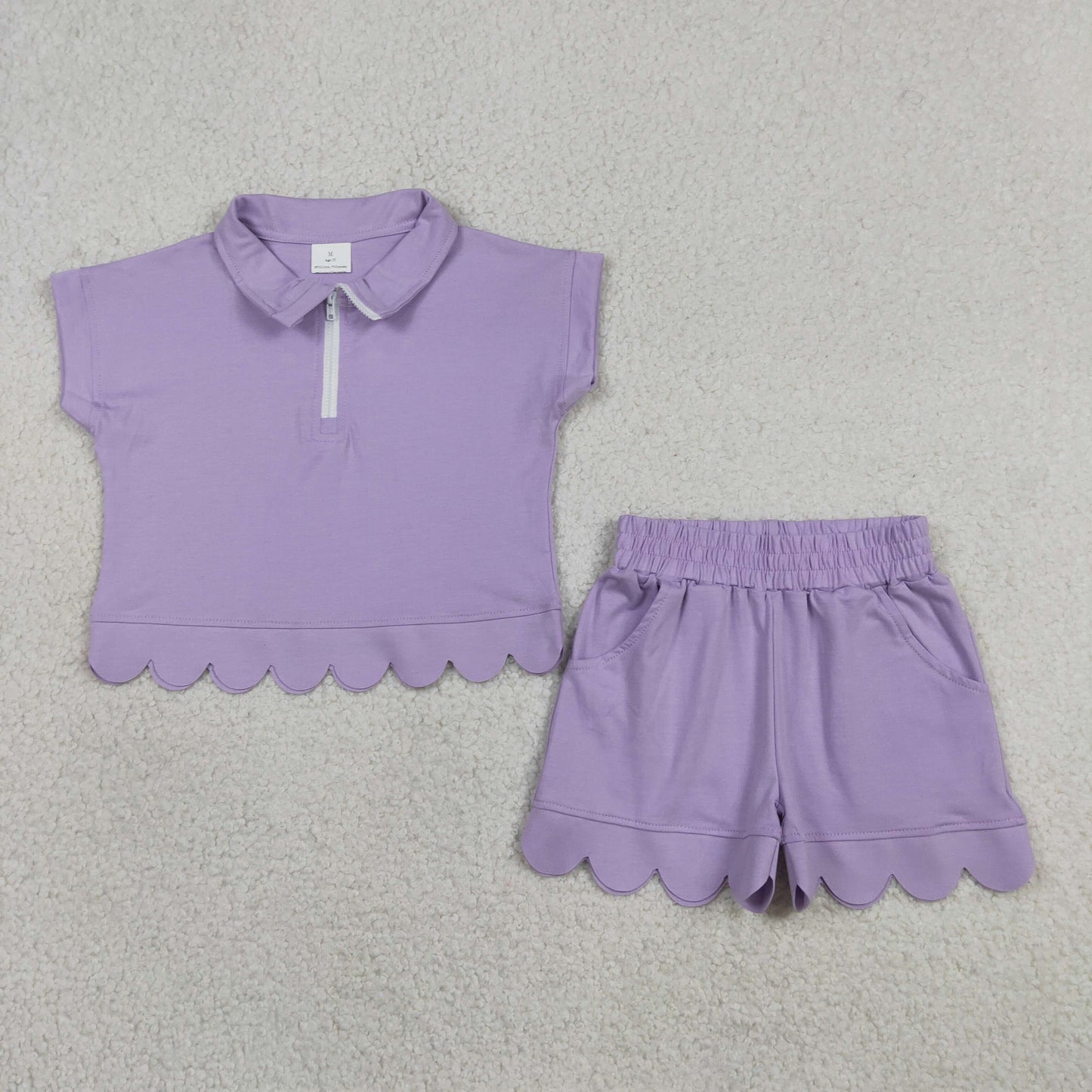 Lavender Zipper Top Pockets Shorts Girls Summer Scallop Cotton Clothes Set