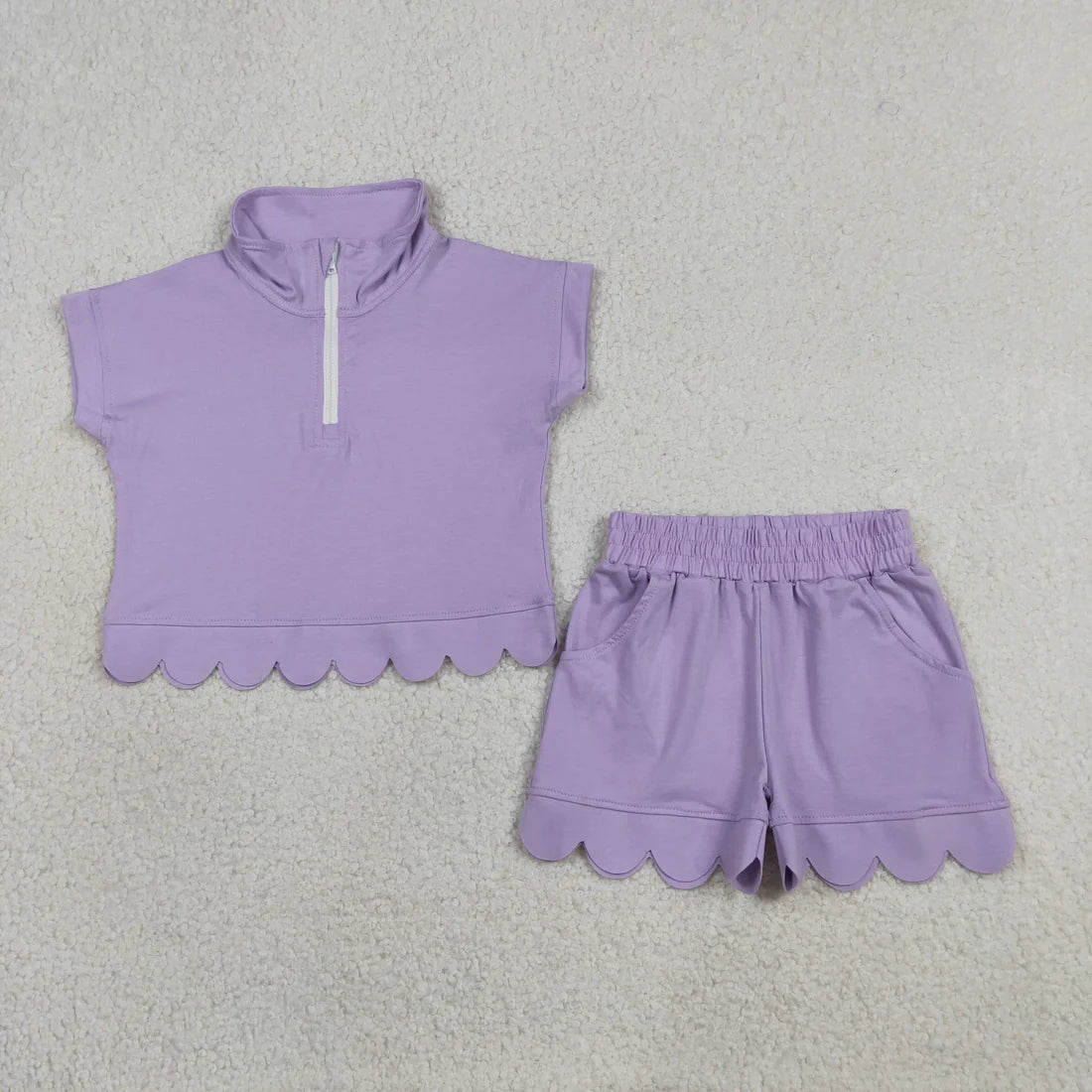 5 Colors Zipper Top Pockets Shorts Girls Summer Scallop Cotton Clothes Set Sisters Wear